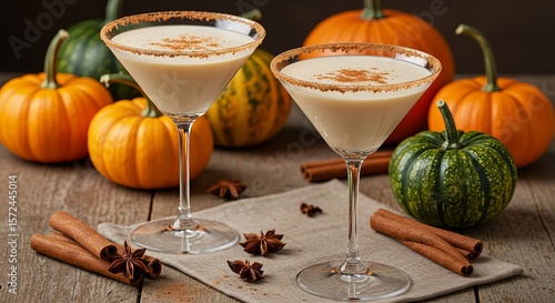 Two pumpkin martini cocktails surrounded by pumpkins and cinnamon sticks