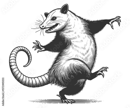 Dancing Opossum sketch engraving generative ai fictional character vector illustration. Scratch board imitation. Black and white image.