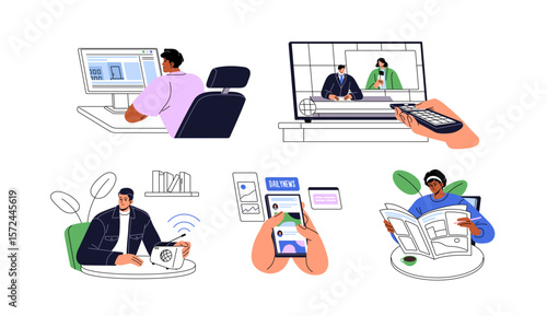 Set of breaking news. People are listening broadcasts, reading newspapers, watching TV. Men and women are browsing internet portal, newsletters. Flat isolated vector illustrations on white background