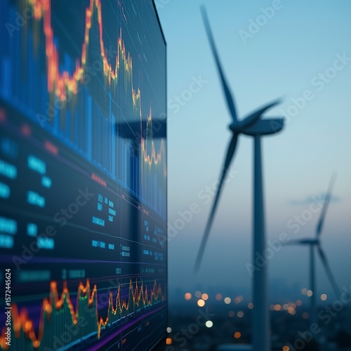 A wind turbine with graphs and charts on the screen behind it, representing green energy market data in an urban setting.