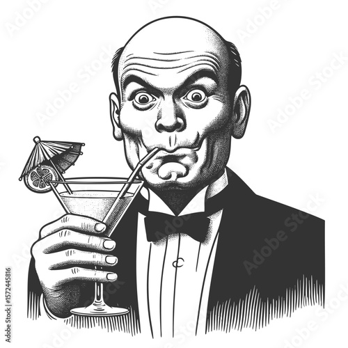 bald man in a tuxedo sipping a tropical cocktail with a straw and surprised expression sketch engraving generative ai fictional character vector illustration. Scratch board imitation. Black and white.