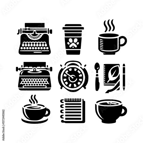 Vintage typewriters coffee cups alarm clock notebook and pen icons