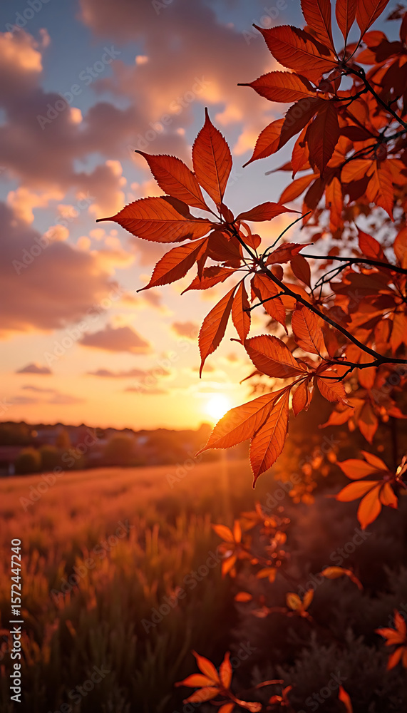 Φωτογραφία Stunning autumn sunset over a field with vibrant red leaves in the foreground