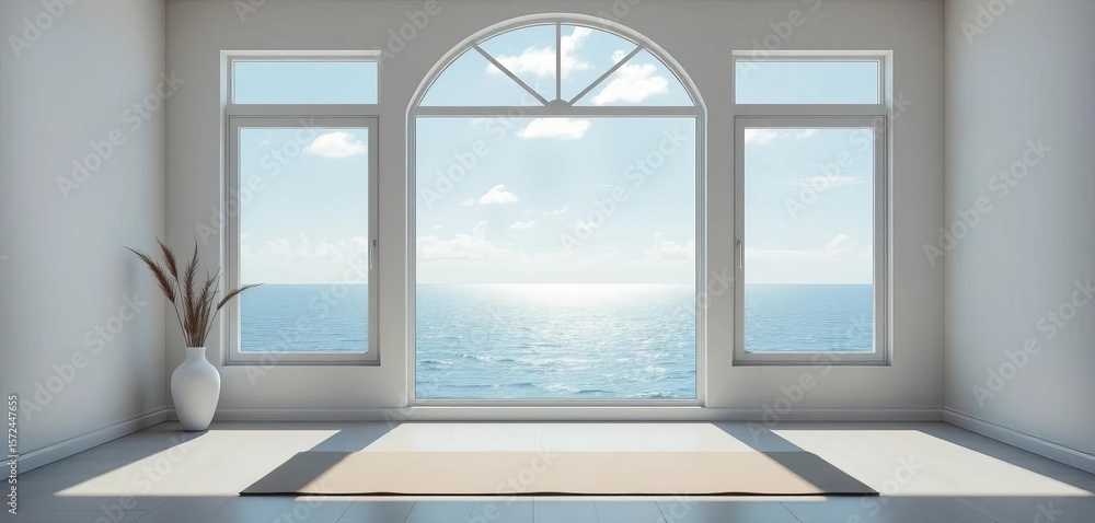 Fototapeta premium Serene ocean view through window, bright, minimalist zen yoga room, balance, minimalist