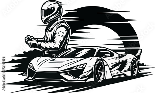 Vector illustration of a race car driver in full gear standing next to a sleek sports car against a stylized sun.