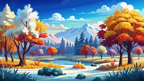 Vibrant autumn landscape with colorful trees under a clear blue sky. A frosty meadow sparkles in the cold November morning, with hoarfrost covering the grass. Peaceful and wild