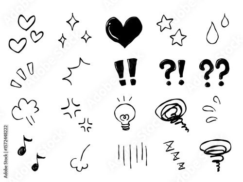 手描きテイストなかわいい感情アイコンセット(モノクロ線画)