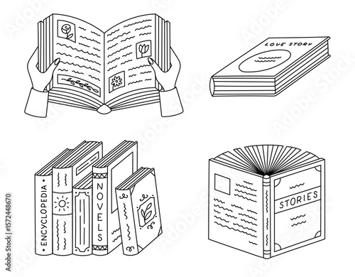 Lovely line doodle set with open book in hands with pictures, paragraphs, love story, fiction standing in row. Hand drawn back to school concept for reading, studying isolated on white background.