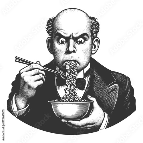 Funny wide-eyed Victorian man exaggeratedly slurping noodles from bowl with a stunned expression sketch engraving generative ai fictional character vector illustration. Scratch board. Black and white.