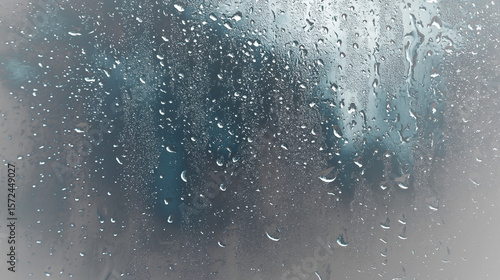 Closeup view of rain droplets on a glass window reflecting the moody and atmospheric blue and gray tones of a stormy sky  The wet surface creates a textured abstract and contemplative background