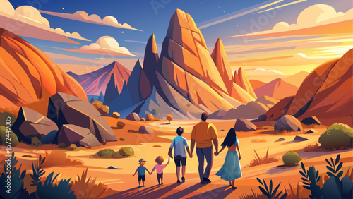 A family enjoying a peaceful moment amid the striking granite peaks of Spitzkoppe, Namibia. Surrounded by dramatic rock formations and golden desert light