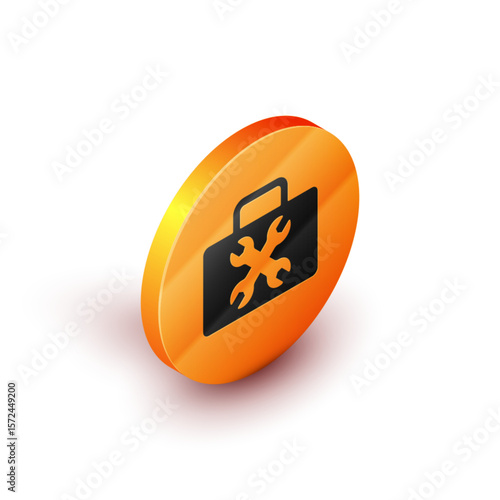 Isometric Toolbox icon isolated on white background. Tool box sign. Orange circle button. Vector