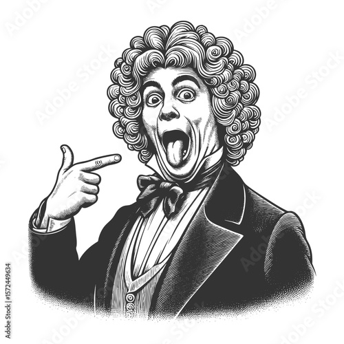 shocked man in elaborate curly wig and 18th-century attire, pointing at himself in disbelief sketch engraving generative ai fictional character vector illustration. Scratch board. Black and white.