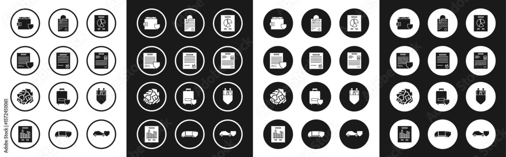 Set Document with graph chart, Confirmed document and check mark, Contract shield, Wallet money, Personal, File paper clip, Family insurance and Crumpled ball icon. Vector Set Document with graph chart, Confirmed document and check mark, Contract shield, Wallet money, Personal, File paper clip, Family insurance and Crumpled ball icon. Vector