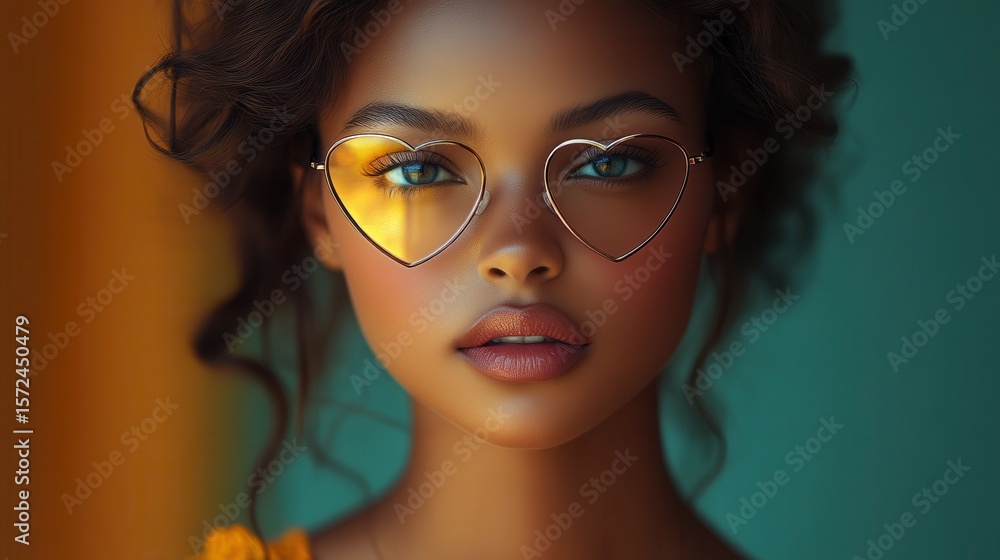 Fototapeta premium Heartfelt vision African Girl wearing golden heart-shaped sunglasses displaying innocence and style