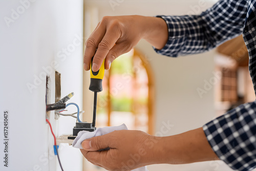 Wallpaper Mural Electrician Working on Wall Outlet Using Screwdriver for Safe Electrical Installation and Repair Torontodigital.ca