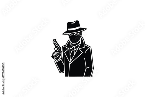 Mysterious Gangster Silhouette Holding a Gun Wearing a Hat and Suit in Black and White silhouette