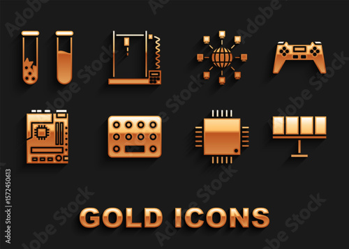 Set Pills in blister pack, Gamepad, Solar energy panel, Processor with microcircuits CPU, Motherboard, Social network, Test tube and flask and 3D printer icon. Vector