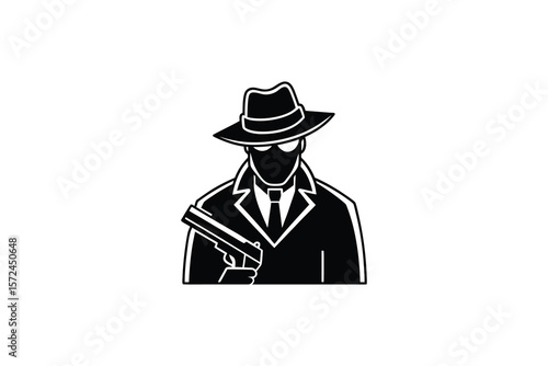 Mysterious Man in Hat and Coat Holding Gun Silhouette