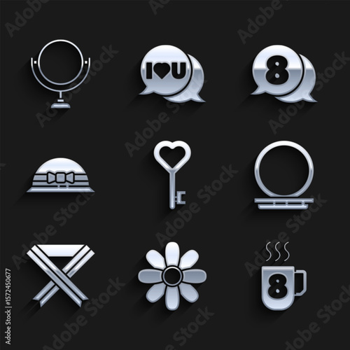 Set Key in heart shape, Flower, Coffee cup with 8 March, Makeup powder mirror, Breast cancer awareness ribbon, Elegant women hat, speech bubble and Round makeup icon. Vector