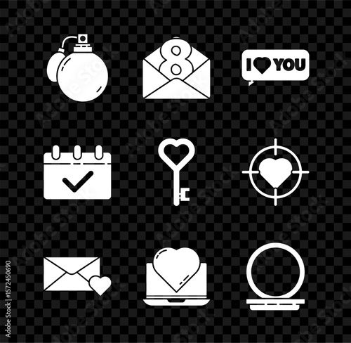 Set Perfume, Envelope with 8 March, Speech bubble I love you, Online dating app and chat, Makeup powder mirror, Calendar and Key heart shape icon. Vector