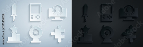 Set Web camera, Create account screen, Star, Piece of puzzle, Portable video game console and Sword for icon. Vector
