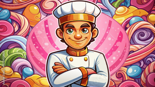 Portrait of confectioner in uniform with crossed arms on pink background