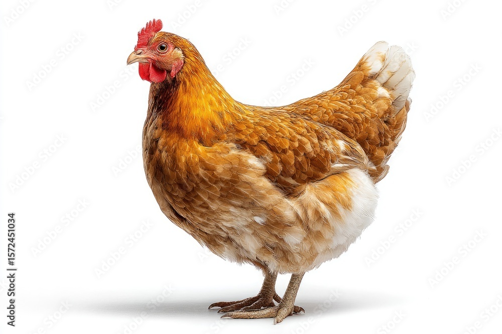 Fototapeta premium A brown chicken stands against a white backdrop its feathers detailed and its red comb prominent