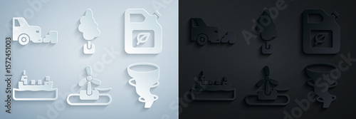 Set Wind turbine, Bio fuel canister, Oil tanker ship, Tornado, Tree and Car exhaust icon. Vector