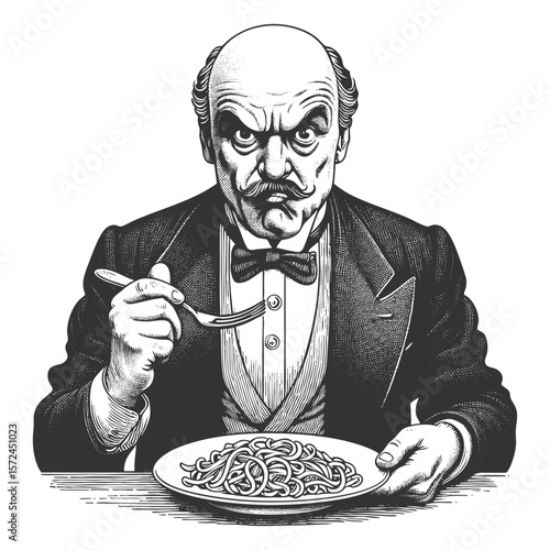 Funny wide-eyed Victorian man exaggeratedly slurping noodles from bowl with a stunned expression sketch engraving generative ai fictional character vector illustration. Scratch board. Black and white.