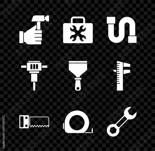 Set Hammer, Toolbox, Industry pipe, Hand saw, Roulette construction, Wrench spanner, Construction jackhammer and Putty knife icon. Vector