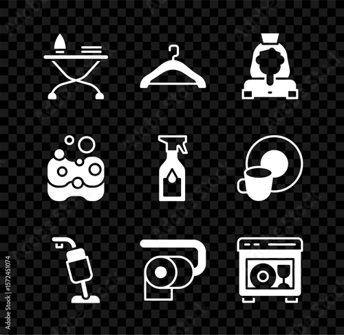 Set Iron and ironing board, Hanger wardrobe, Cleaning lady service, Vacuum cleaner, Toilet paper roll, Dishwasher machine, Sponge and spray bottle icon. Vector