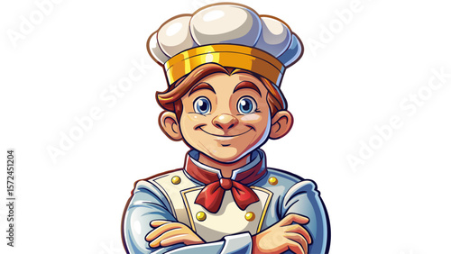 Portrait of confectioner in uniform with crossed arms on white background closeup