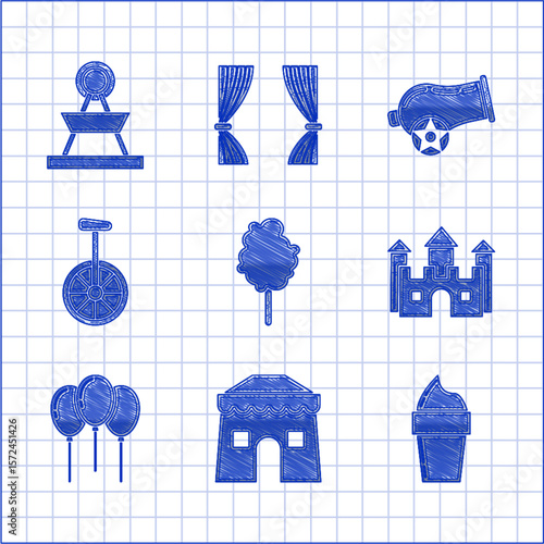 Set Cotton candy, Circus tent, Ice cream in waffle cone, Castle, Balloons with ribbon, Unicycle or wheel bicycle, Cannon and Attraction carousel icon. Vector