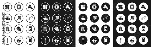 Set Honeycomb, dipper stick with dripping honey, Tea kettle, Bee, Wooden barrel, Jar of and Hive for bees icon. Vector