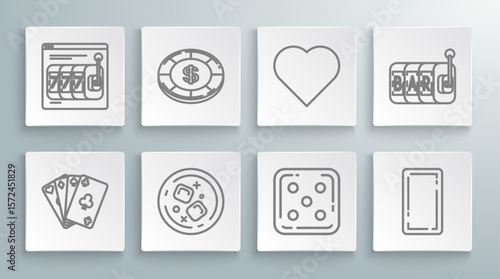 Set line Playing cards, Casino chip with dollar symbol, Glass of whiskey and ice cubes, Game dice, back, heart, Slot machine and Online slot lucky sevens jackpot icon. Vector