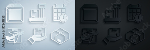 Set Delivery hand with box, Cardboard calendar, Plane cardboard, Carton, Scale and icon. Vector