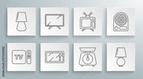 Set line TV box receiver and player with remote controller, Smart Tv, Microwave oven, Scales, Table lamp, Television, Electric heater and icon. Vector
