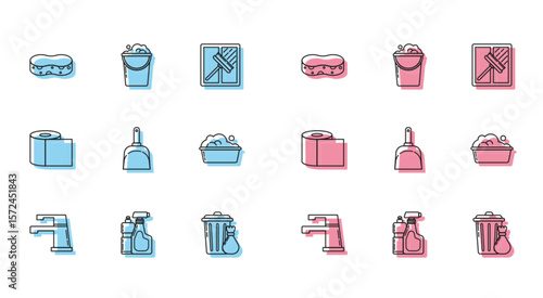 Set line Water tap, Plastic bottles for liquid dishwashing liquid, Sponge, Trash can and garbage bag, Dustpan, basin with soap suds, Toilet paper roll and Bucket foam bubbles icon. Vector