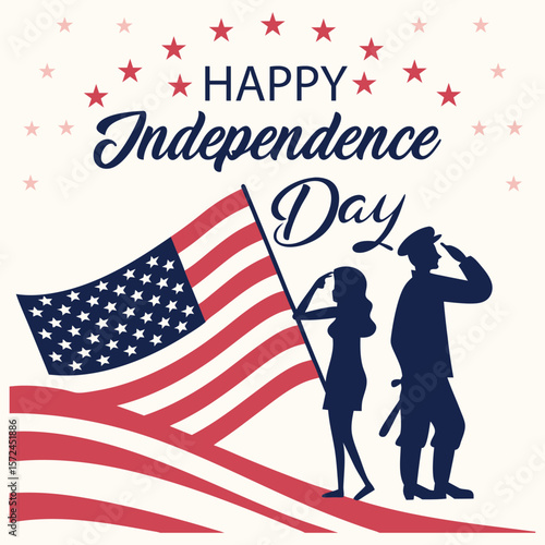 A heartfelt "Happy Independence Day" illustration featuring a waving American flag and saluting military or civilian figures under stars.