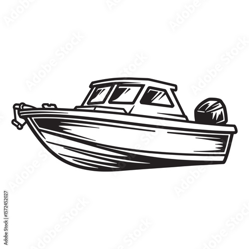 Vector illustration of a black and white motorboat isolated on a white background