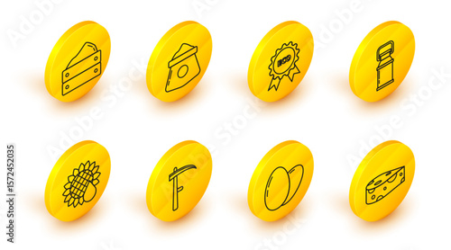 Set line Cheese, Chicken egg, Scythe, Sunflower, Can container for milk, Banner, label, tag, logo eco, Bag of flour and Wooden box with harvest icon. Vector