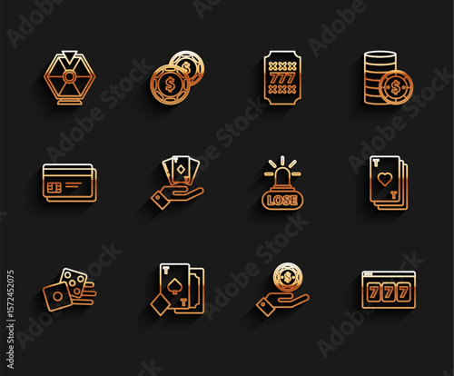 Set line Game dice, Playing card with spades, Lucky wheel, Hand holding casino chips, Online slot machine lucky sevens jackpot, deck of playing cards, heart and Casino losing icon. Vector