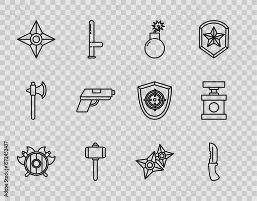 Set line Medieval shield with crossed axes, Military knife, Bomb ready to explode, Battle hammer, Japanese ninja shuriken, Pistol or gun, and Handle detonator for dynamite icon. Vector