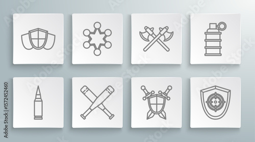 Set line Bullet, Police badge, Crossed baseball bat, Medieval shield with crossed swords, Target sport, medieval axes, Hand grenade and Shield icon. Vector