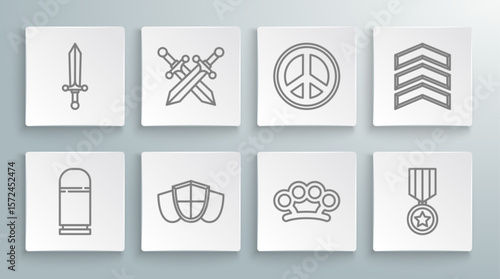 Set line Cartridges, Crossed medieval sword, Shield, Brass knuckles, Military reward medal, Peace, rank and Medieval icon. Vector