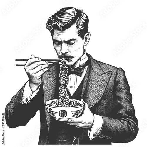Funny wide-eyed Victorian man exaggeratedly slurping noodles from bowl with a stunned expression sketch engraving generative ai fictional character vector illustration. Scratch board. Black and white.