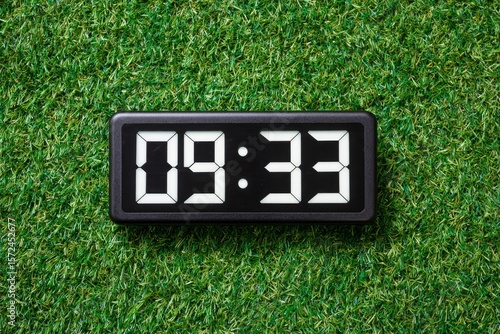 Digital clock reads 0933 on a green lawn