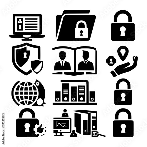 Collection of business and security icons representing data protection and management