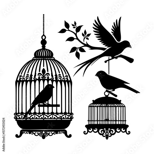 Silhouettes of birds and ornate cages with a branch and flying bird